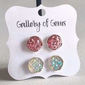Pink Glitter Silver Crown Sparkling Stud Earring